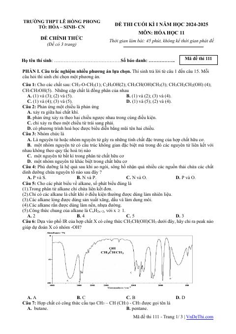 Đề thi Học kì 1 Hóa học 11 năm 2024-2025 trường THPT Lê Hồng Phong (Đắk Lắk)